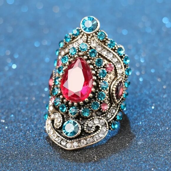 (5/$25‎ SALE ✅) Men Vintage Inspired Faux Ruby Shimmering Rhinestone Ring Size 9 - Picture 1 of 4